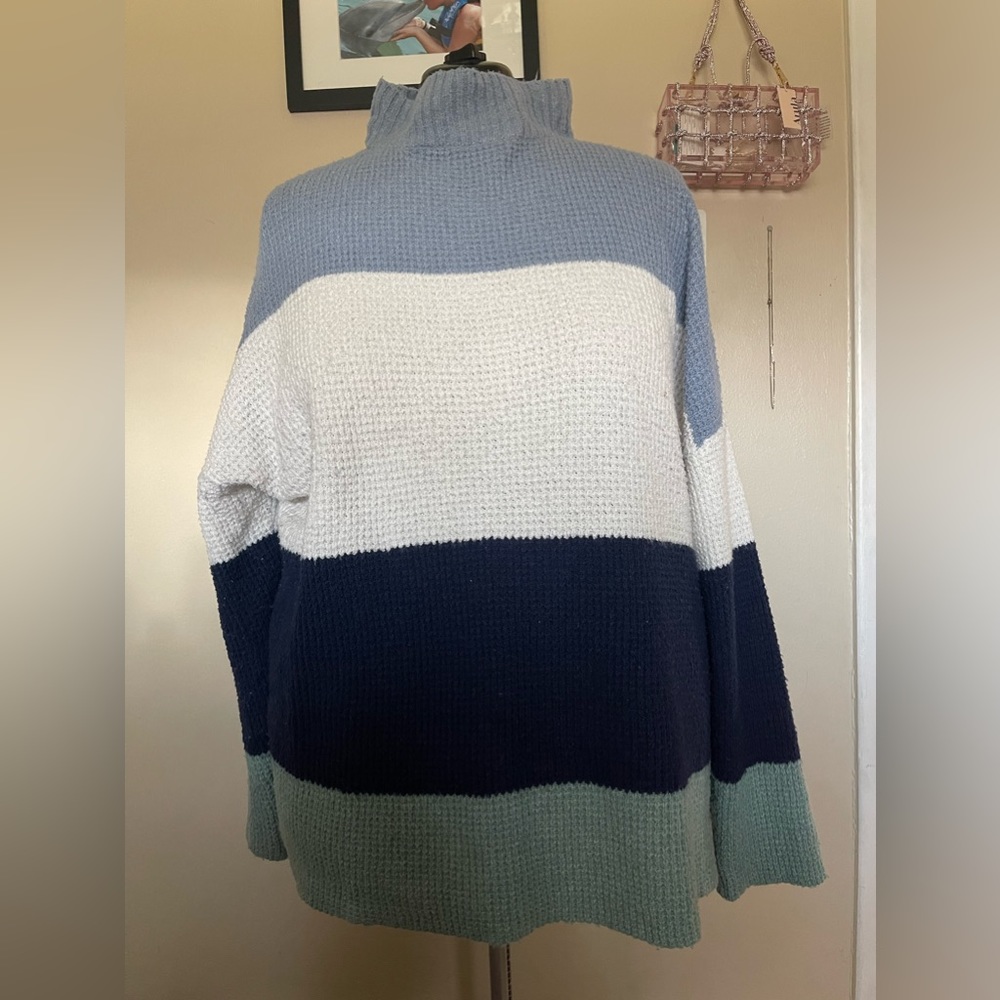 SO Blue White Navy Teal Striped Mock Neck Turtleneck Knit Sweater 2X